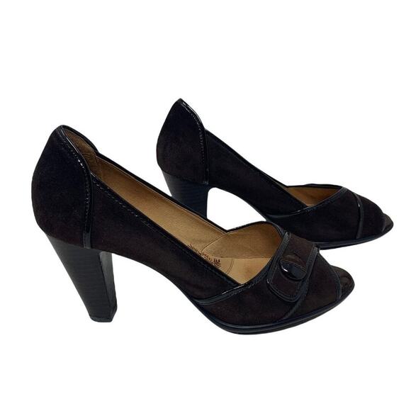 SOFT brown leather suede heels crossed peep toes shoes size 8.5 - Picture 7 of 8